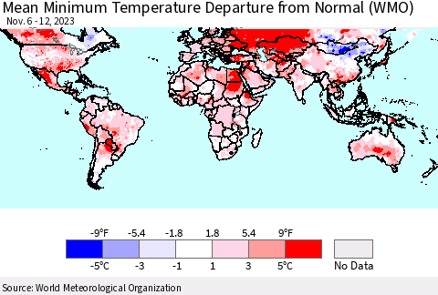 World Mean Minimum Temperature Departure from Normal (WMO) Thematic Map For 11/6/2023 - 11/12/2023