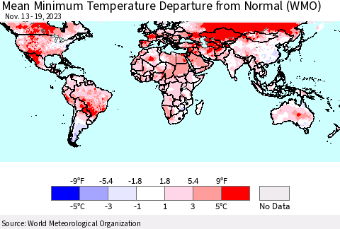 World Mean Minimum Temperature Departure from Normal (WMO) Thematic Map For 11/13/2023 - 11/19/2023