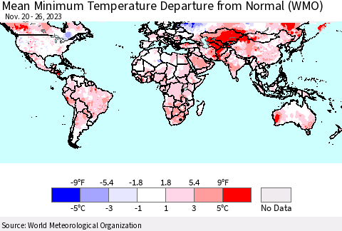World Mean Minimum Temperature Departure from Normal (WMO) Thematic Map For 11/20/2023 - 11/26/2023
