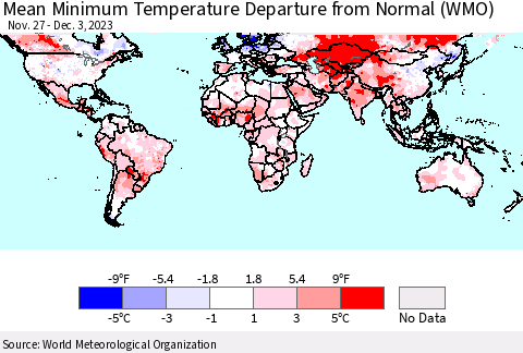 World Mean Minimum Temperature Departure from Normal (WMO) Thematic Map For 11/27/2023 - 12/3/2023