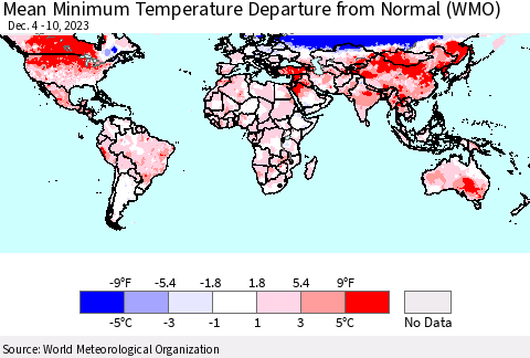 World Mean Minimum Temperature Departure from Normal (WMO) Thematic Map For 12/4/2023 - 12/10/2023