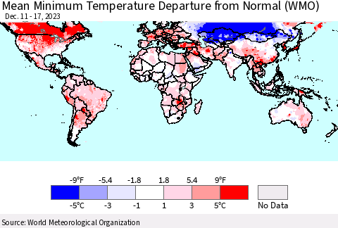 World Mean Minimum Temperature Departure from Normal (WMO) Thematic Map For 12/11/2023 - 12/17/2023