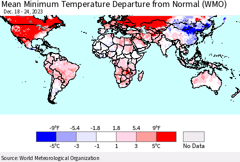 World Mean Minimum Temperature Departure from Normal (WMO) Thematic Map For 12/18/2023 - 12/24/2023