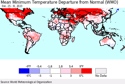 World Mean Minimum Temperature Departure from Normal (WMO) Thematic Map For 12/25/2023 - 12/31/2023