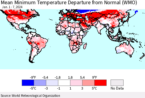 World Mean Minimum Temperature Departure from Normal (WMO) Thematic Map For 1/1/2024 - 1/7/2024