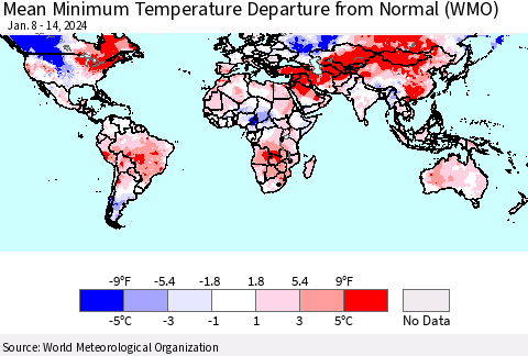 World Mean Minimum Temperature Departure from Normal (WMO) Thematic Map For 1/8/2024 - 1/14/2024