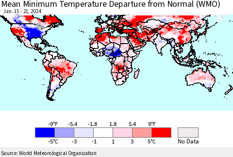 World Mean Minimum Temperature Departure from Normal (WMO) Thematic Map For 1/15/2024 - 1/21/2024
