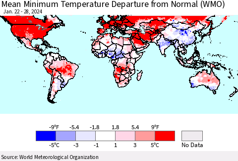 World Mean Minimum Temperature Departure from Normal (WMO) Thematic Map For 1/22/2024 - 1/28/2024