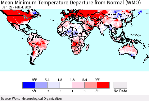 World Mean Minimum Temperature Departure from Normal (WMO) Thematic Map For 1/29/2024 - 2/4/2024