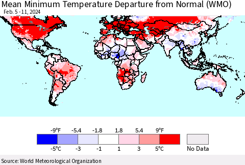 World Mean Minimum Temperature Departure from Normal (WMO) Thematic Map For 2/5/2024 - 2/11/2024