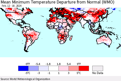 World Mean Minimum Temperature Departure from Normal (WMO) Thematic Map For 2/12/2024 - 2/18/2024