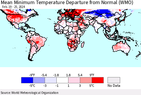 World Mean Minimum Temperature Departure from Normal (WMO) Thematic Map For 2/19/2024 - 2/25/2024