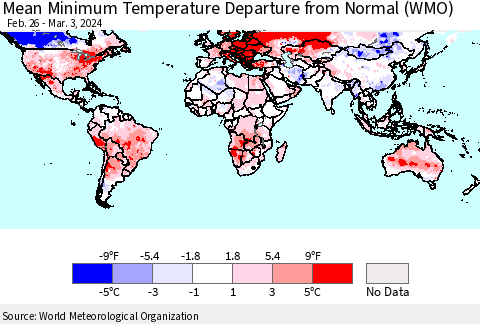 World Mean Minimum Temperature Departure from Normal (WMO) Thematic Map For 2/26/2024 - 3/3/2024