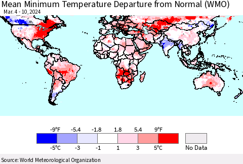 World Mean Minimum Temperature Departure from Normal (WMO) Thematic Map For 3/4/2024 - 3/10/2024