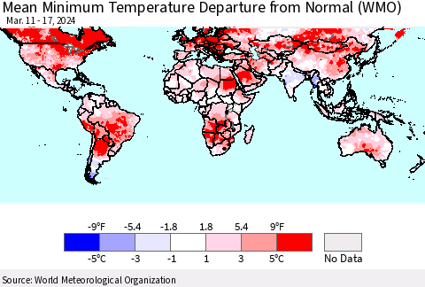 World Mean Minimum Temperature Departure from Normal (WMO) Thematic Map For 3/11/2024 - 3/17/2024