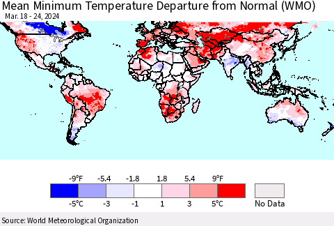 World Mean Minimum Temperature Departure from Normal (WMO) Thematic Map For 3/18/2024 - 3/24/2024