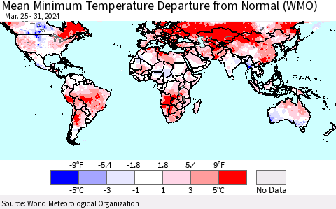 World Mean Minimum Temperature Departure from Normal (WMO) Thematic Map For 3/25/2024 - 3/31/2024