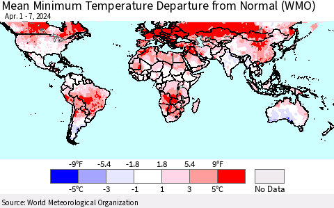 World Mean Minimum Temperature Departure from Normal (WMO) Thematic Map For 4/1/2024 - 4/7/2024
