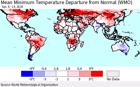 World Mean Minimum Temperature Departure from Normal (WMO) Thematic Map For 4/8/2024 - 4/14/2024