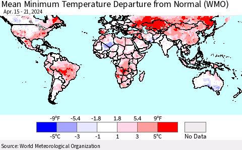 World Mean Minimum Temperature Departure from Normal (WMO) Thematic Map For 4/15/2024 - 4/21/2024