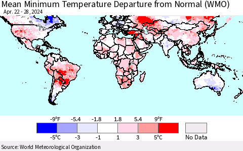 World Mean Minimum Temperature Departure from Normal (WMO) Thematic Map For 4/22/2024 - 4/28/2024