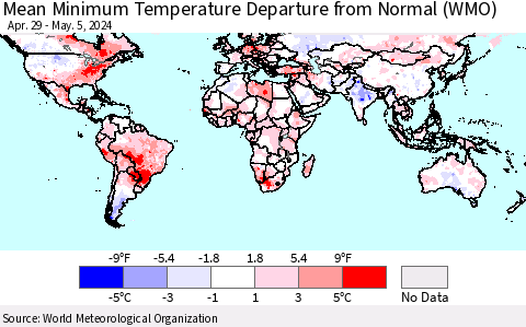 World Mean Minimum Temperature Departure from Normal (WMO) Thematic Map For 4/29/2024 - 5/5/2024