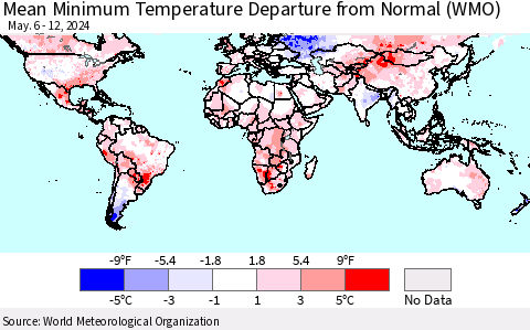 World Mean Minimum Temperature Departure from Normal (WMO) Thematic Map For 5/6/2024 - 5/12/2024