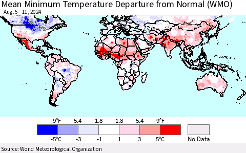 World Mean Minimum Temperature Departure from Normal (WMO) Thematic Map For 8/5/2024 - 8/11/2024
