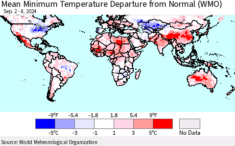 World Mean Minimum Temperature Departure from Normal (WMO) Thematic Map For 9/2/2024 - 9/8/2024