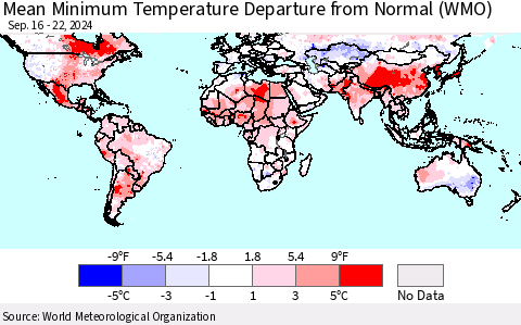 World Mean Minimum Temperature Departure from Normal (WMO) Thematic Map For 9/16/2024 - 9/22/2024