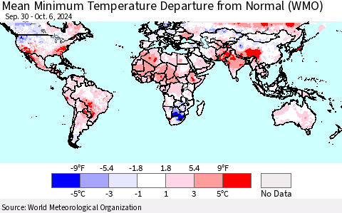 World Mean Minimum Temperature Departure from Normal (WMO) Thematic Map For 9/30/2024 - 10/6/2024