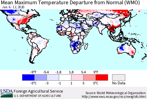 World Mean Maximum Temperature Departure from Normal (WMO) Thematic Map For 1/6/2020 - 1/12/2020