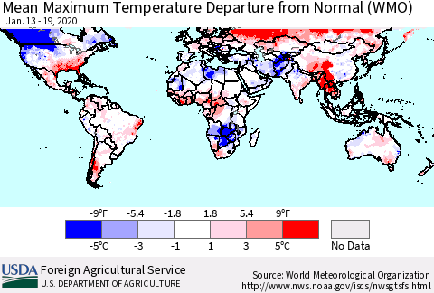 World Mean Maximum Temperature Departure from Normal (WMO) Thematic Map For 1/13/2020 - 1/19/2020