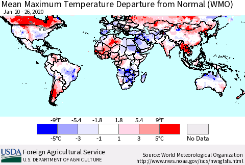 World Mean Maximum Temperature Departure from Normal (WMO) Thematic Map For 1/20/2020 - 1/26/2020