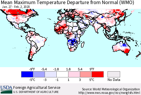 World Mean Maximum Temperature Departure from Normal (WMO) Thematic Map For 1/27/2020 - 2/2/2020
