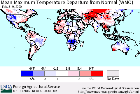 World Mean Maximum Temperature Departure from Normal (WMO) Thematic Map For 2/3/2020 - 2/9/2020