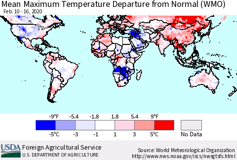 World Mean Maximum Temperature Departure from Normal (WMO) Thematic Map For 2/10/2020 - 2/16/2020