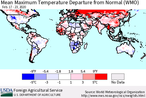 World Mean Maximum Temperature Departure from Normal (WMO) Thematic Map For 2/17/2020 - 2/23/2020