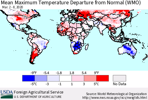 World Mean Maximum Temperature Departure from Normal (WMO) Thematic Map For 3/2/2020 - 3/8/2020