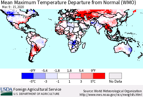World Mean Maximum Temperature Departure from Normal (WMO) Thematic Map For 3/9/2020 - 3/15/2020