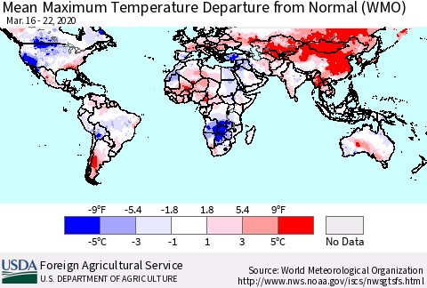 World Mean Maximum Temperature Departure from Normal (WMO) Thematic Map For 3/16/2020 - 3/22/2020