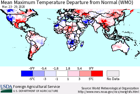 World Mean Maximum Temperature Departure from Normal (WMO) Thematic Map For 3/23/2020 - 3/29/2020