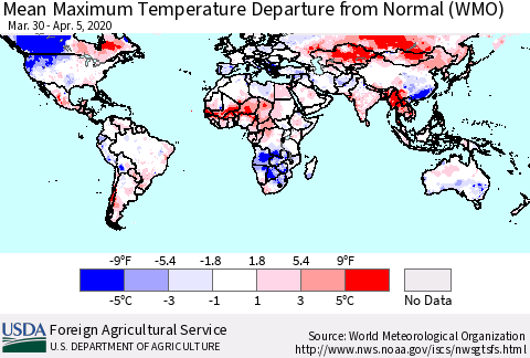 World Mean Maximum Temperature Departure from Normal (WMO) Thematic Map For 3/30/2020 - 4/5/2020