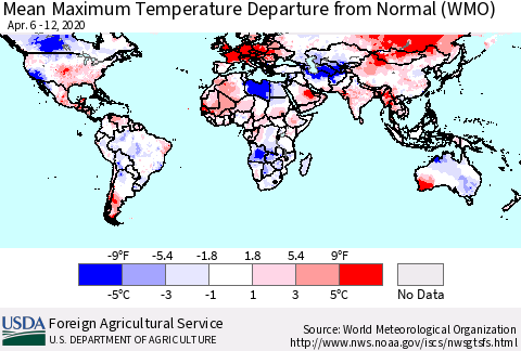 World Mean Maximum Temperature Departure from Normal (WMO) Thematic Map For 4/6/2020 - 4/12/2020