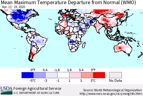 World Mean Maximum Temperature Departure from Normal (WMO) Thematic Map For 4/13/2020 - 4/19/2020