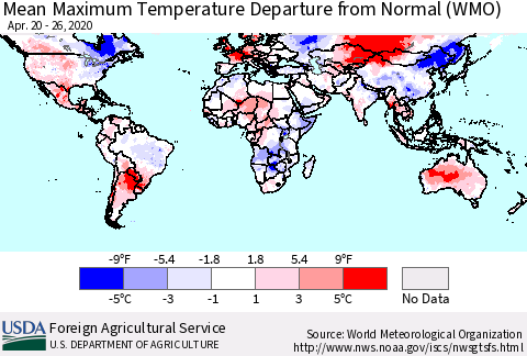 World Mean Maximum Temperature Departure from Normal (WMO) Thematic Map For 4/20/2020 - 4/26/2020