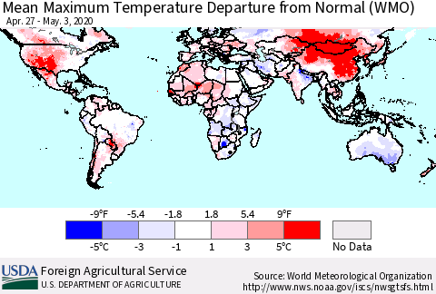 World Mean Maximum Temperature Departure from Normal (WMO) Thematic Map For 4/27/2020 - 5/3/2020