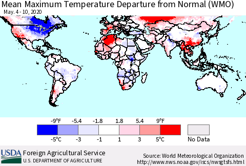 World Mean Maximum Temperature Departure from Normal (WMO) Thematic Map For 5/4/2020 - 5/10/2020