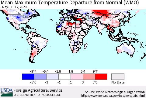 World Mean Maximum Temperature Departure from Normal (WMO) Thematic Map For 5/11/2020 - 5/17/2020
