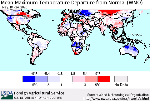 World Mean Maximum Temperature Departure from Normal (WMO) Thematic Map For 5/18/2020 - 5/24/2020